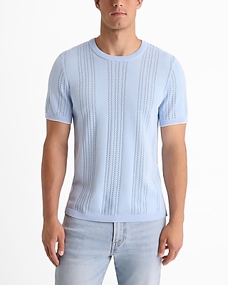 Herringbone Open Knit Cotton-Blend Short Sleeve Sweater T-Shirt
