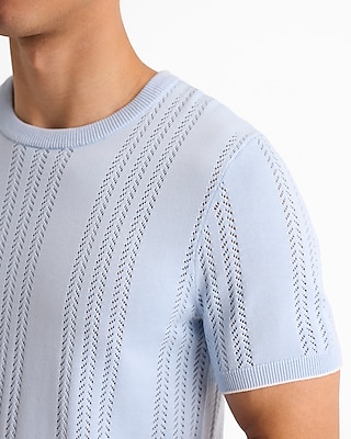 Herringbone Open Knit Cotton-Blend Short Sleeve Sweater T-Shirt