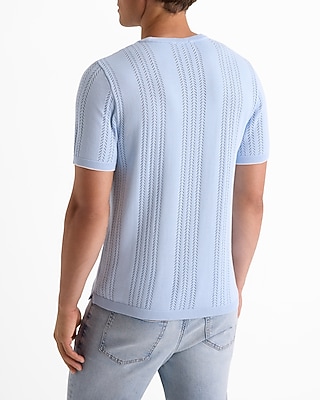 Herringbone Open Knit Cotton-Blend Short Sleeve Sweater T-Shirt