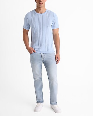 Herringbone Open Knit Cotton-Blend Short Sleeve Sweater T-Shirt