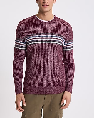 Striped Chest Ribbed Knit Crew Neck Sweater