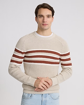 Striped Waffle Knit Cotton Crew Neck Sweater
