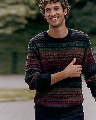 Striped Cotton Cable Knit Crew Neck Sweater | Express