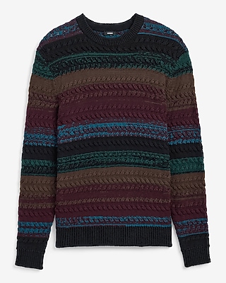 Striped Cotton Cable Knit Crew Neck Sweater