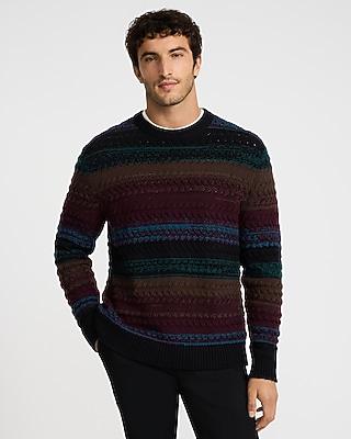 Striped Cotton Cable Knit Crew Neck Sweater