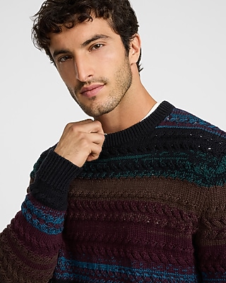 Striped Cotton Cable Knit Crew Neck Sweater
