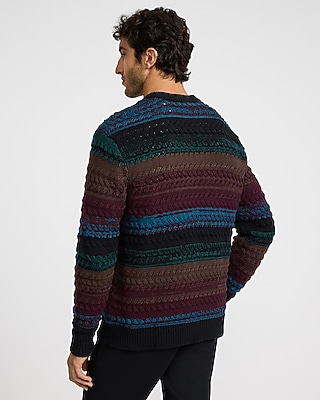 Striped Cotton Cable Knit Crew Neck Sweater