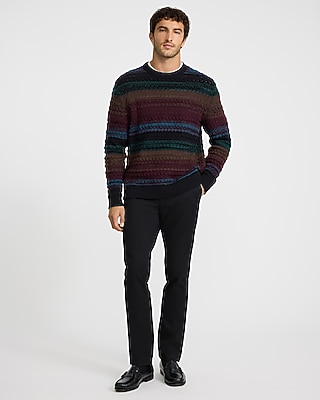 Striped Cotton Cable Knit Crew Neck Sweater