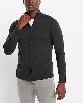 Solid Merino Wool Full Zip Mock Neck Sweater