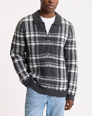 Brushed Plaid Zip Front Cardigan