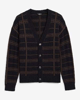 Plaid Cable Knit V-Neck Cardigan
