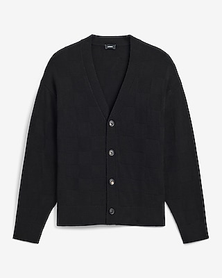 Cotton Monochromatic Checkered Oversized Y-Neck Cardigan