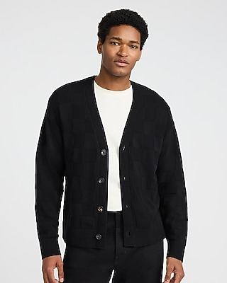 Cotton Monochromatic Checkered Oversized Y-Neck Cardigan