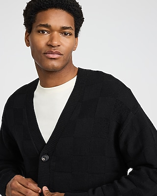 Cotton Monochromatic Checkered Oversized Y-Neck Cardigan