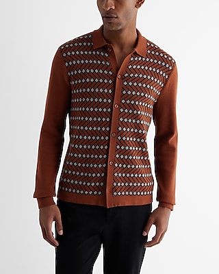 herringbone geo cotton long sleeve sweater polo