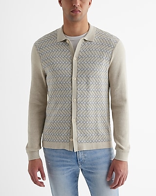 Herringbone Geo Cotton Long Sleeve Sweater Polo