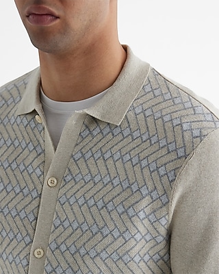 Herringbone Geo Cotton Long Sleeve Sweater Polo