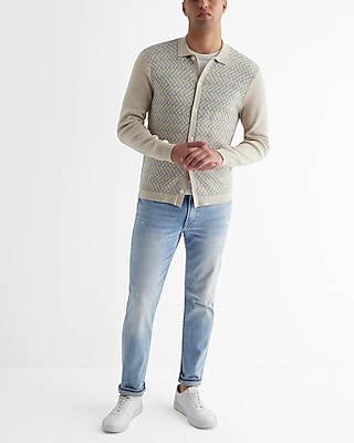 Herringbone Geo Cotton Long Sleeve Sweater Polo