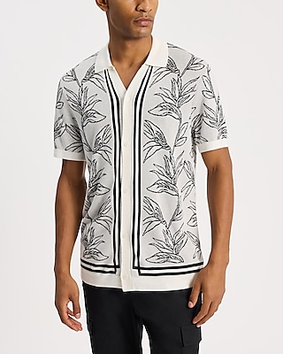 Bordered Palm Print Short Sleeve Sweater Polo