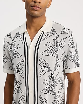 Bordered Palm Print Short Sleeve Sweater Polo