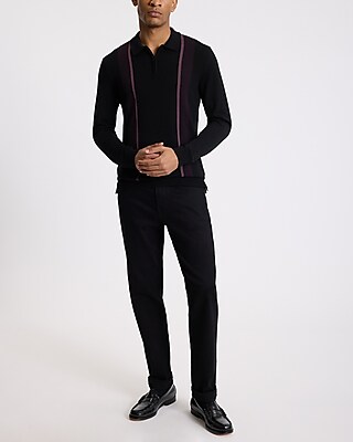 Striped Merino Wool Long Sleeve Sweater Polo