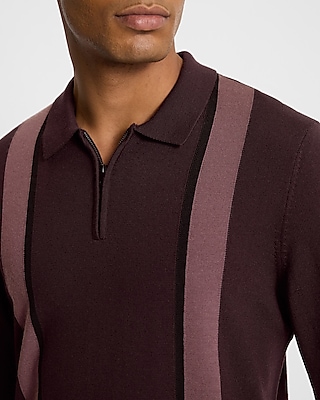 Striped Merino Wool Long Sleeve Sweater Polo