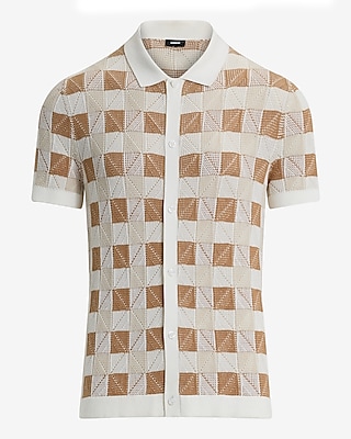 Textured Check Cotton Short Sleeve Sweater Polo