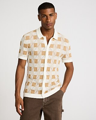 Textured Check Cotton Short Sleeve Sweater Polo