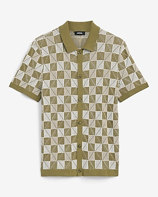 Textured Check Cotton Short Sleeve Sweater Polo