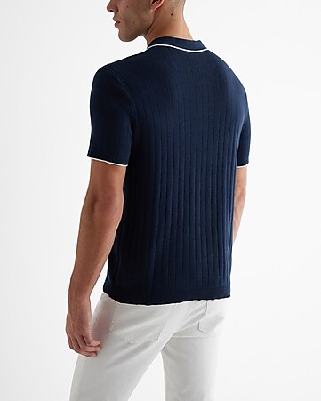 Men's Charcoal Zip Sweater, White and Navy Vertical Striped Long