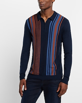 Asymmetric Striped Cotton Zip Sweater Polo