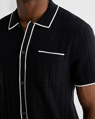 Ribbed Cotton Short Sleeve Sweater Polo