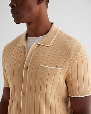Ribbed Cotton Short Sleeve Sweater Polo