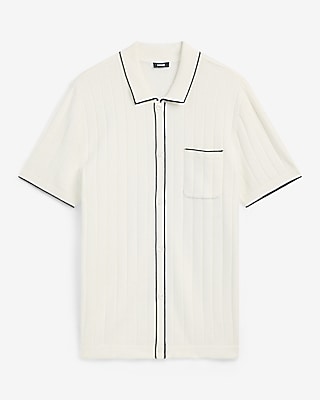 Textured Open Knit Tipped Cotton Sweater Polo