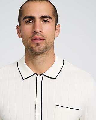 Textured Open Knit Tipped Cotton Sweater Polo