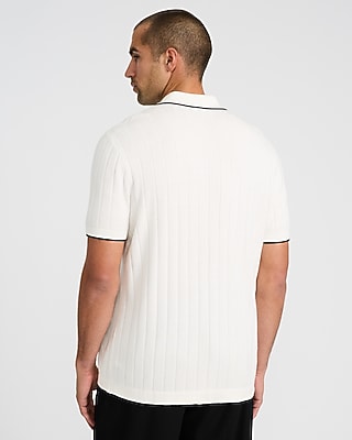 Textured Open Knit Tipped Cotton Sweater Polo