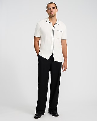 Textured Open Knit Tipped Cotton Sweater Polo