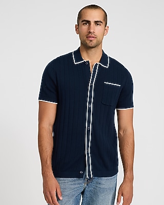 Open Cable Knit Cotton Short Sleeve Sweater Polo | Express