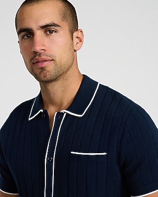 Textured Open Knit Tipped Cotton Sweater Polo - image 2