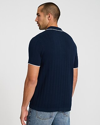 Textured Open Knit Tipped Cotton Sweater Polo - image 3