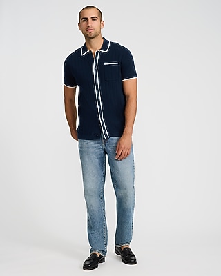 Textured Open Knit Tipped Cotton Sweater Polo - image 4