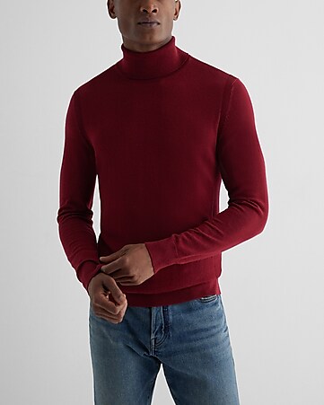 Merino blend mens T-neck ribbed sweater in red/TM33