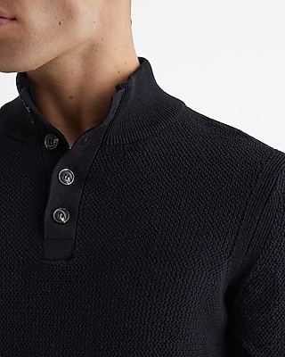 Cotton Textured Stitch Buttoned Mock Neck Sweater - image 2