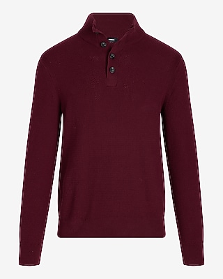 Cotton Textured Stitch Buttoned Mock Neck Sweater | Express