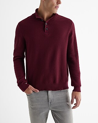 Cotton Textured Stitch Buttoned Mock Neck Sweater | Express