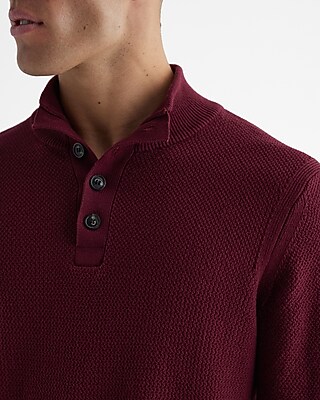 Cotton Textured Stitch Buttoned Mock Neck Sweater | Express