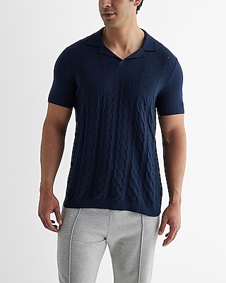 Textured Knit Johnny Collar Cotton Sweater Polo