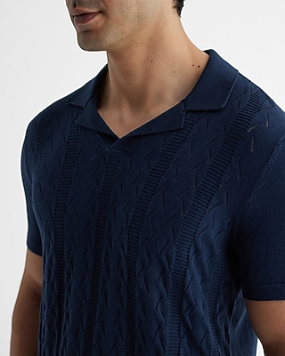 Textured Knit Johnny Collar Cotton Sweater Polo
