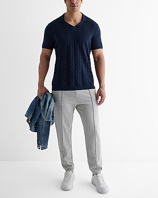 Textured Knit Johnny Collar Cotton Sweater Polo
