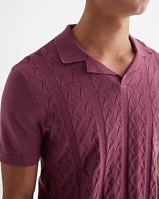 Textured Knit Johnny Collar Cotton Sweater Polo